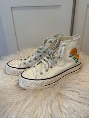 Converse High-Top Canvas Sneakers in White with Yellow Floral Embroidery